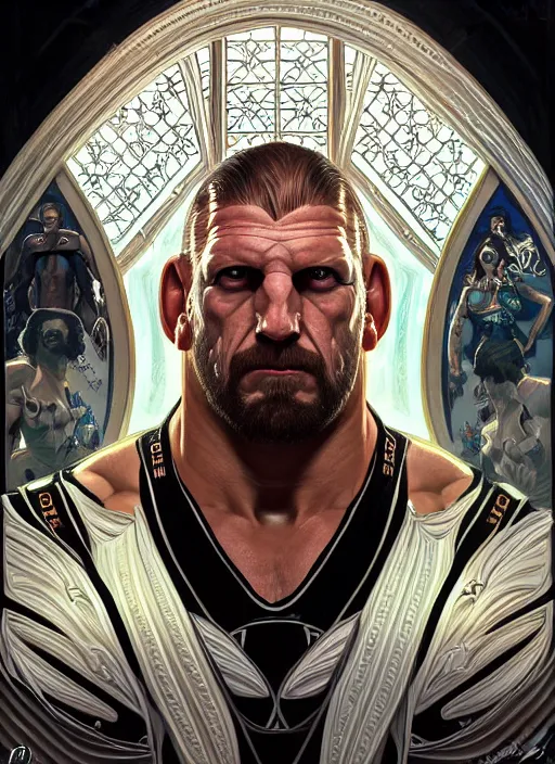 Image similar to symmetry!! portrait of wrestler triple h, intricate, elegant, highly detailed, digital painting, artstation, concept art, smooth, sharp focus, illustration, art by artgerm and greg rutkowski and alphonse mucha