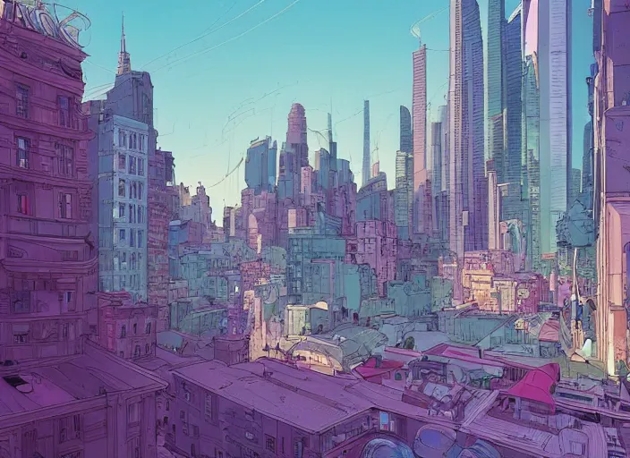 Image similar to a view of a city at street level, no cars. sharp focus, cinematic pose, cinematic lighting, unreal engine render. art by josan gonzales and moebius and deathburger.