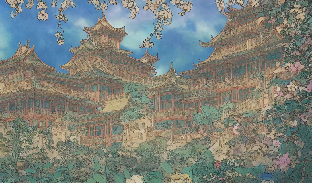 Prompt: a beautiful illustration of a gorgeous symmertrical chinese palace, by alfons mucha, theo prince and studio ghibli, trending on artstation, 8 k