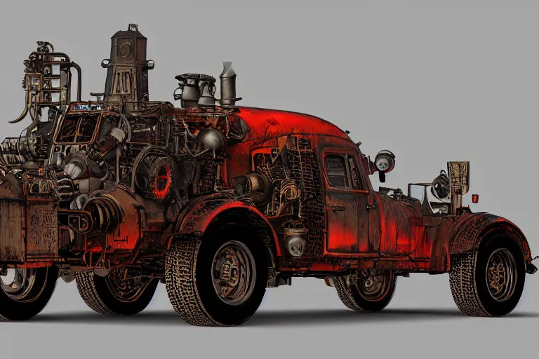 Image similar to hellfire engine strokeed by the echo, mad max, wasteland, in the style of hannes bok and doug chiang and vernon grant, trending on artstation, back lighting rear view steampunk, blueprint, muted colors, gothic, tachisme