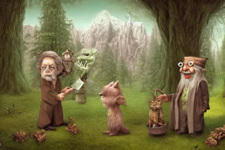 Image similar to old wizard and his forest furry creature matte painting, 3 d highly detailed, in the style of mark ryden