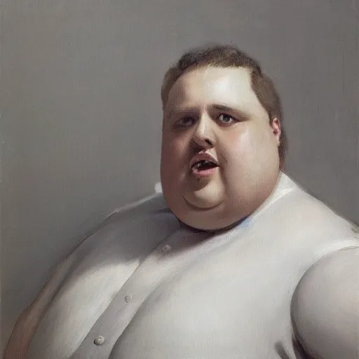 Image similar to highly detailed portrait of a grossly obese flamboyant man who is shaped like a pear artstation, 8 k, sfx, john singer sargent.