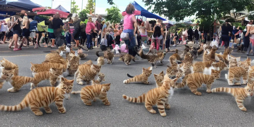 Image similar to clear photo, wide and clear, a stampede of cute kittens attacks everyone at the local sunday morning farmers market, kittens active everywhere, kittens jumping and running, people screaming in terror, funny and odd