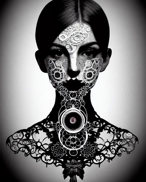 Image similar to black and white masterpiece profile portrait painting with no frame, one steampunk eye silver lace floral biomechanical beautiful young female cyborg, big monocular, volumetric light, hibiscus flowers, by dora maar, rim light, big gothic fashion pearl embroidered collar, 8 k