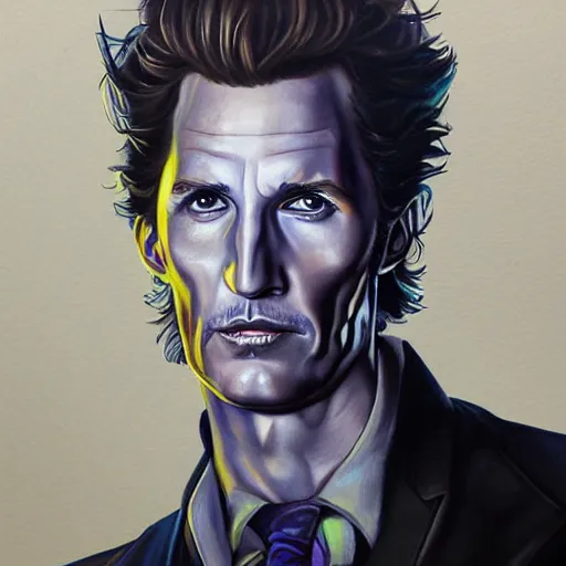 Image similar to detailed painting of Matthew McConaughey as jotaro jojo by Enzo Fernandez, trending on artstation