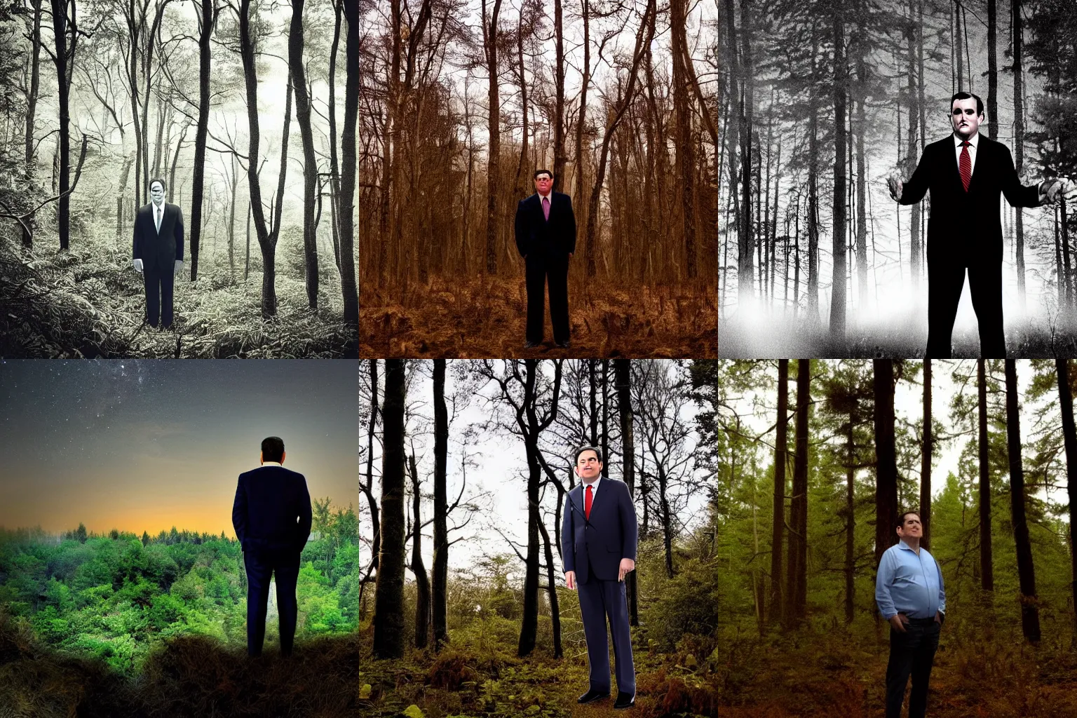 Prompt: ted cruz standing alone in the distance in a dense forest landscape over a twilight sky, creepy, lovecraftian