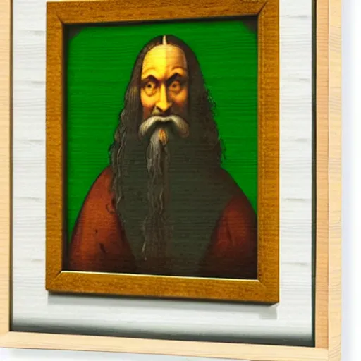 Image similar to portrait of leonardo da vinci in simple green background in the style of japanese cartoon and japanese wood print