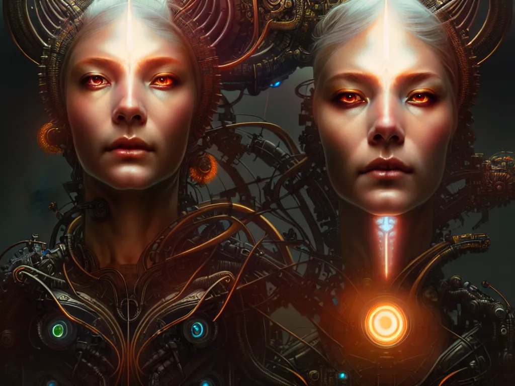 Image similar to ultra realistic beautiful cyborg deity eyes closed, sci-fi, fantasy, intricate details, movie still, highly detailed, photorealistic, octane render, eerie, 8k, art by artgerm and james clyne and greg rutkowski and alphonse mucha