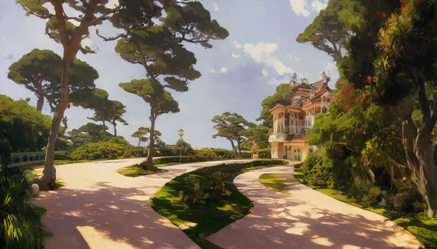 Image similar to scenic pathway leading to a luxurious coastal mansion of count dracula, hyperdetailed, artstation, cgsociety,by studio ghibli painting,by Joaquin Sorolla rhads Leyendecker, by Ohara Koson and Thomas, 8k