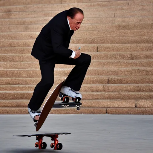 Prompt: High resolution!! Silvio Berlusconi doing skateboard tricks, hyperrealistic, 8K, Cinematic