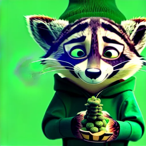 Prompt: a very relaxed stoner with a black hoodie on with a marijuana themed dark green raccoon head from zootopia, wearing beanie, holding a vape, 3 d render, extremely detailed fur, wearing a marijuana t - shirt