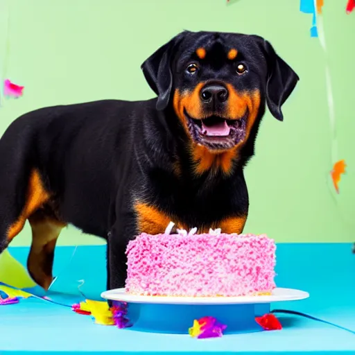 Image similar to a high - quality photo of a cute rottweiler with a half - eaten birthday cake, party streamers, 4 5 mm, f 3. 5, sharpened, iso 2 0 0, raw,