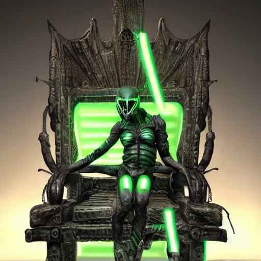 Image similar to a realistic sanke from metal gear dressing necromancer clothes sited in a xenomorphic throne with glow neon eyes, finely detailed, 4 k, photorealistic, cycles engine,