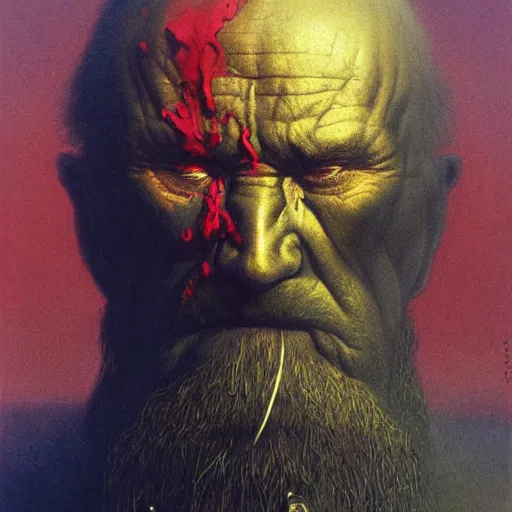 Image similar to Angry Gold Prospector portrait, dark fantasy, red and gold, artstation, painted by Zdzisław Beksiński and Wayne Barlowe