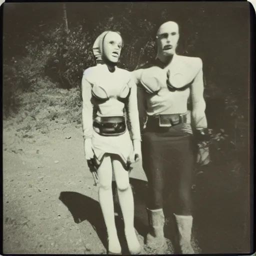 Image similar to polaroid photograph of horrorific extraterrestrial beings visiting earth, 1 9 5 0