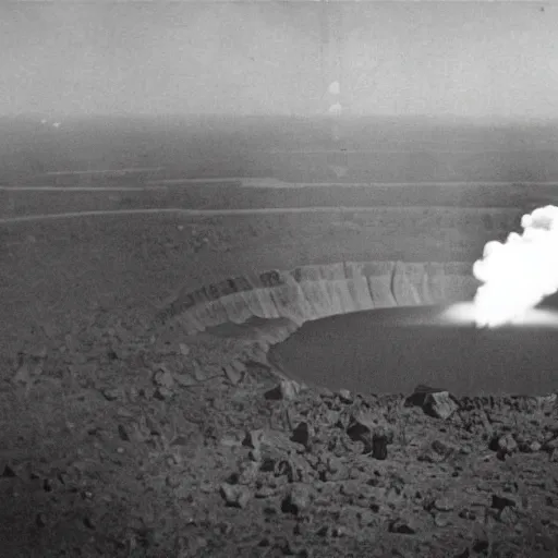 Image similar to a large nuclear crater in manhattan, a destroyed forest is in the distance, there is smoking coming from the city, taken from a plane, realistic, taken on a ww 2 camera.