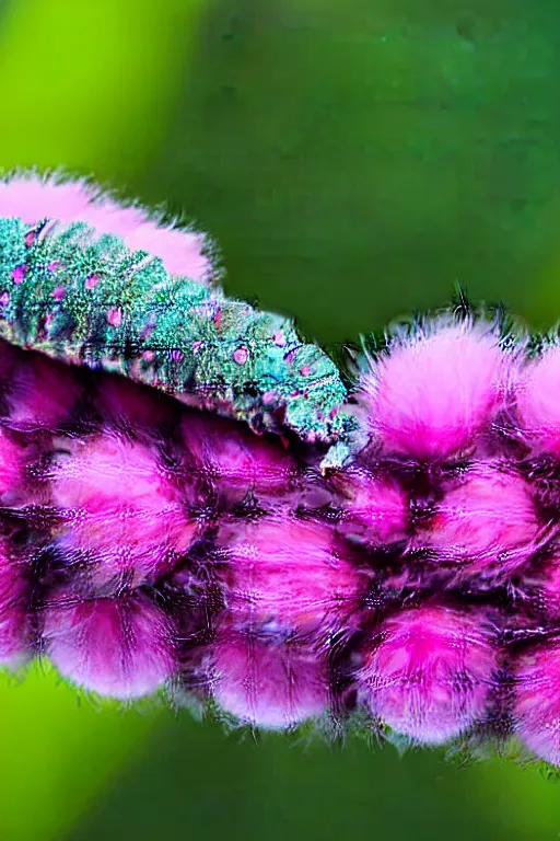 Image similar to high quality close-up photo pearlescent fluffy caterpillar! gorgeous highly detailed hannah yata elson peter cinematic pink lighting high quality low angle hd 8k sharp shallow depth of field