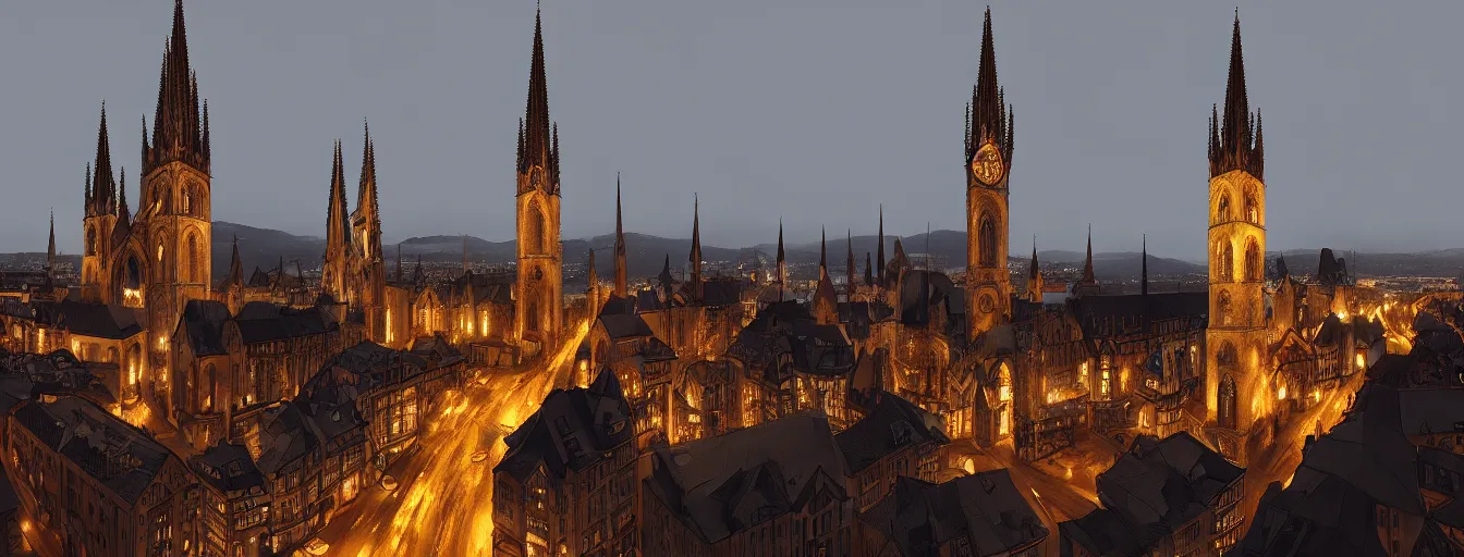 Prompt: Digital painting of Neo-Gothic Zurich at night, wide angle, volumetric light, hyperdetailed, artstation, cgsociety, 8k