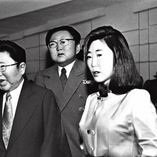 Prompt: rare vintage footage of Godzilla, Choi Eun-hee and Kim Jong-il, obscured underexposed view