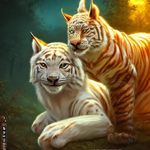 Prompt: white anthropomorphic lynx and anthropomorphic tiger by Les Edwards and Noriyoshi Ohrai, art, fantasy style, 4k, trending on artstation