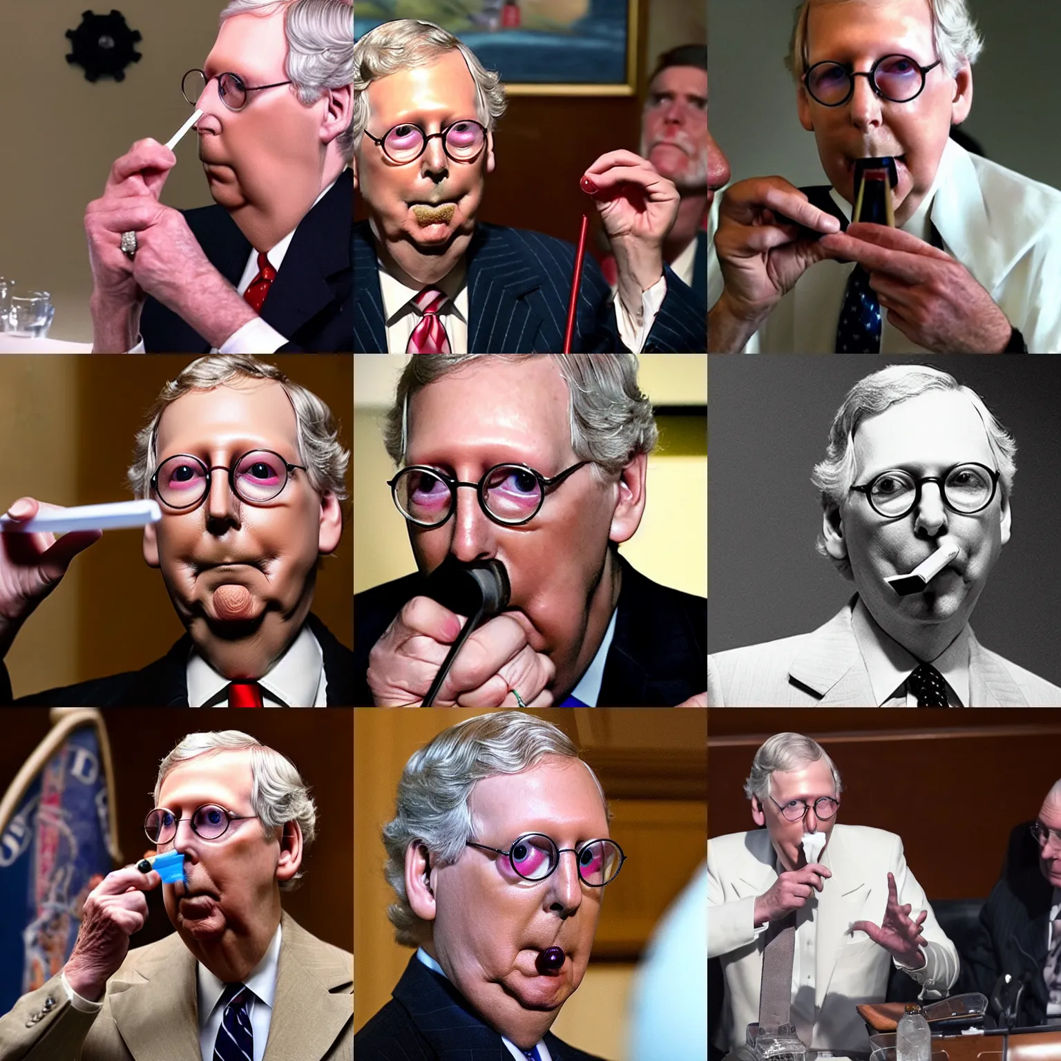 Prompt: mitch mcconnell snorting cocaine with a straw, insanely detailed face, photo