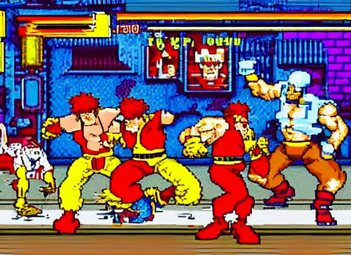 Image similar to screenshot of ronald mcdonald, white face, red afro, red nose and yellow outfit as an enemy in streets of rage video game, sega genesis video game