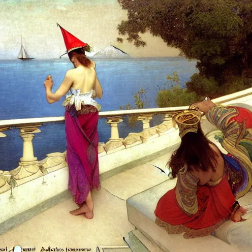 Image similar to A girl with jester hat and clothes on a greek archi circle on the front of a Balustrade with a beach and a sail boat on the background, major arcana clothes, by alphonse mucha and arnold böcklin arnold böcklin arnold böcklin, paul delaroche, hyperrealistic 8k, very detailed