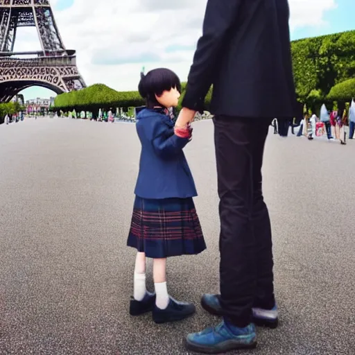 Prompt: Hikigaya Hachiman holding hands with Zero Two in front of the Eiffel Tower