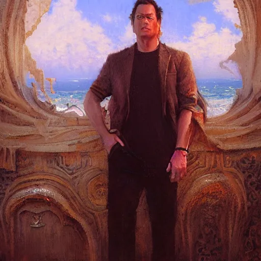 Prompt: portrait of hollywood agent gary murdoch, who lives in a nissan sentra. by gaston bussiere, bayard wu, greg rutkowski, giger, maxim verehin, vaporwave background