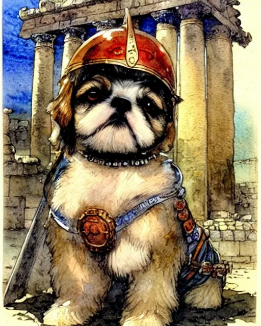 Image similar to a realistic and atmospheric watercolour fantasy character concept art portrait of a fat adorable chibi shih tzu puppy roman centurion in a roman temple, by rebecca guay, michael kaluta, charles vess and jean moebius giraud