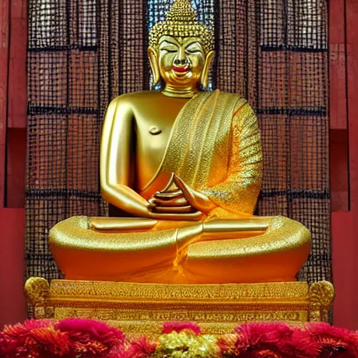 Prompt: Donald Trump as a golden thai Buddha statue, in Buddhist temple, colourized, photo