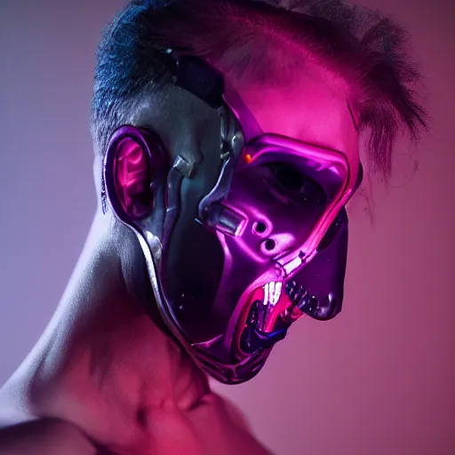 Prompt: male cyborg body profile cyberpunk neon metal glow red purple black science fiction hd 8 k by caravaggio