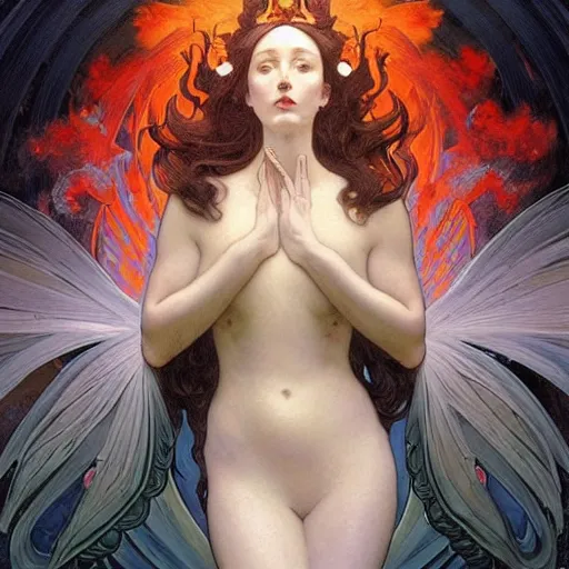 Image similar to a beautiful portrait of a beautiful! angel in black flames!! by ross tran!!! and alphonse mucha and greg rutkowski! and gustav dore! and zdzisław beksinski!, in style of digital art illustration. symmetry. highly detailed face. fantasy, smooth, hyper detailed, sharp focus, soft light. trending on artstation. 4 k