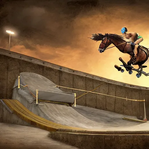 Prompt: roman horse chariot racer high jumping in a skate park half-pipe, video game cover, intense, high detail