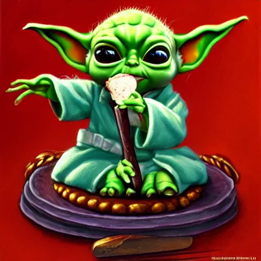 Prompt: (baby yoda grogu) smashing birthday cake into his face, happy birthday, happy birthday candles, mischievous, inquisitive, devious, hilarious, funny, birthday PRESENTS, style of Ralph Horsley, by Ralph Horsley