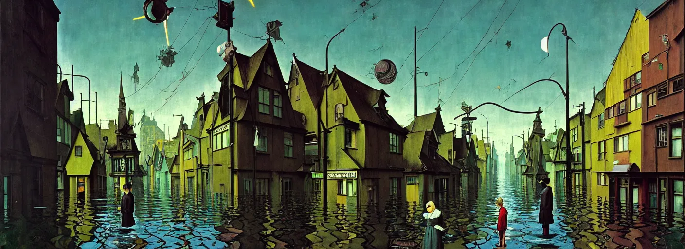 Prompt: flooded street, very coherent and colorful high contrast masterpiece by norman rockwell franz sedlacek hieronymus bosch dean ellis simon stalenhag rene magritte gediminas pranckevicius, dark shadows, sunny day, hard lighting, reference sheet white background