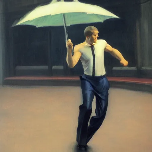 Prompt: man dancing in the rain, edward hopper, hajime sorayama, trending on artstation,