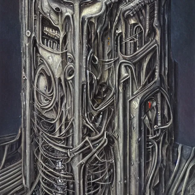 Prompt: biomechanical monolith worshipped by spiders by HR Giger, oil painting, chromatic aberration