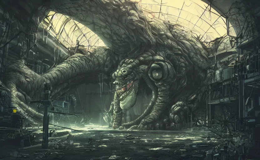 Image similar to a huge bio - monster hidding in a mess warehouse, crystal lights, resident evil, sci - fi atmosphere, cel - shading, cinematic, artstation, studio ghibli, miyazaki, highly details