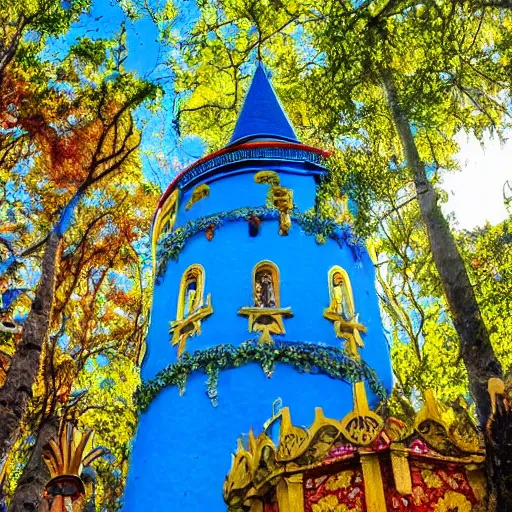 Prompt: a blue castle tower with a golden and red rococo dome stands in front of a multicolored glowing magical forest with tall trees and palm trees, sunny day, small fluffy clouds, parrots fly around the tower, beautiful landscape, very detailed