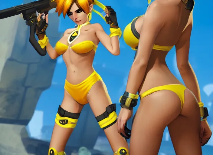 Image similar to tracer game character, in yellow bikini, blonde hair, black eyes, full height