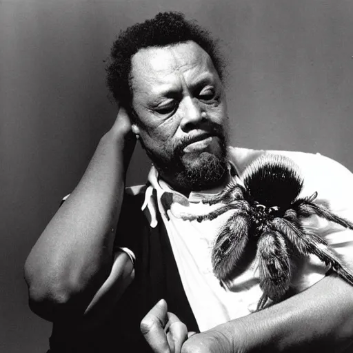 Image similar to charles mingus cradling a big hairy spider, professional photograph