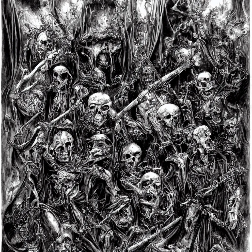 Image similar to judge death and vic rattlehead and the grim reaper by simon bisley and h.r. giger