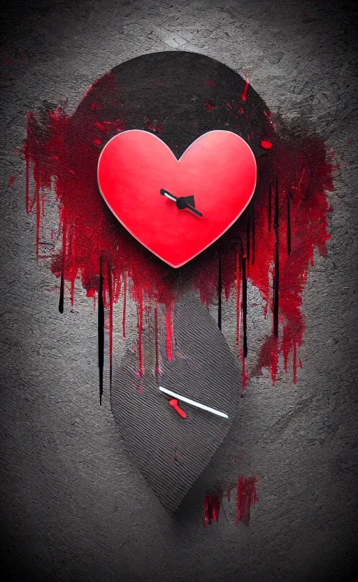 Image similar to a melting Roman numeral clock, behind a red and black gradient background, awith a black heart shaped on the top left corner and a black diamond card shape in the bottom right corner, dynamic lighting, photorealistic fantasy concept art, trending on art station, stunning visuals, cinematic, creative, ultra detailed