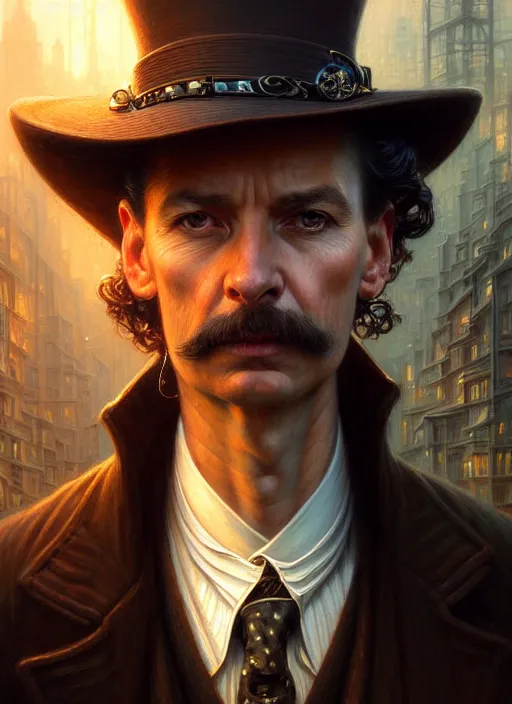 Image similar to closeup portrait shot of a victorian detective in a scenic cyberpunk mystery environment, intricate, elegant, highly detailed, centered, digital painting, artstation, concept art, smooth, sharp focus, illustration, artgerm, tomasz alen kopera, peter mohrbacher, donato giancola, joseph christian leyendecker, wlop, boris vallejo