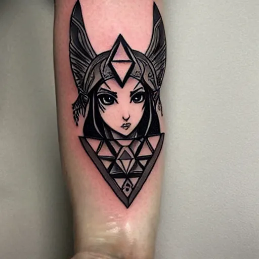 Image similar to tattoo design, stencil, clean line art, g pen, portrait of princess zelda by artgerm, symmetrical face, beautiful, triforce