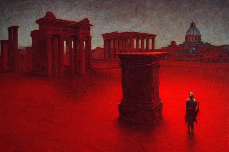 Image similar to only with red, caesar after war, a red tiger, in hoc signo vinces, rome in background, an ancient path, in the style of beksinski, part by hopper, part by rodcenko, part by hofbauer, intricate composition, red by caravaggio, insanely quality, highly detailed, masterpiece, red light, artstation