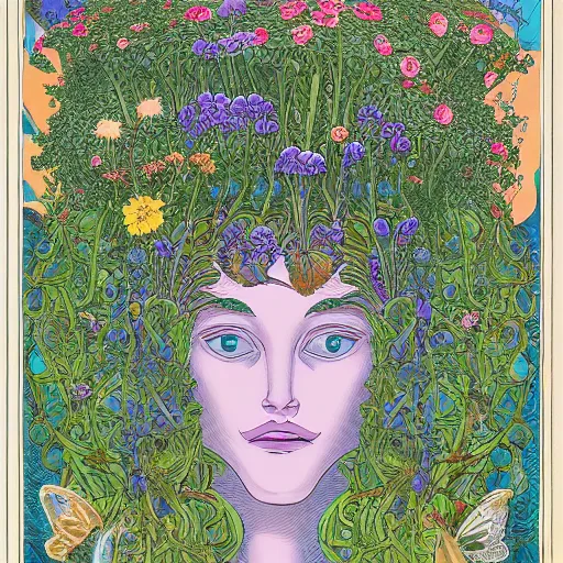 Prompt: an illustration of a beautiful garden forming the face of a beautiful goddess, painted by moebius and james jean