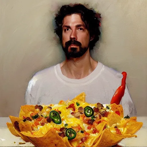 Image similar to portrait nachos with cheese and jalapeno, white background, detailed painting, epic lighting, by ilya repin, phil hale and kent williams