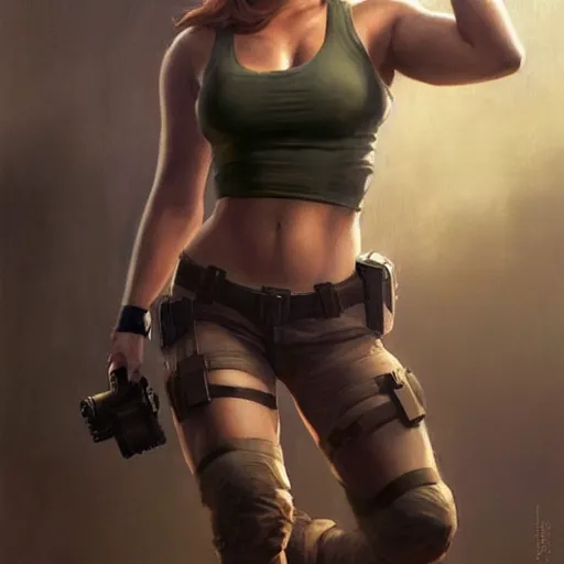 Image similar to greg manchess portrait of scarlett johansson as roided thick very muscular lara croft, fantasy, medium shot, asymmetrical, profile picture, organic painting, sunny day, matte painting, bold shapes, hard edges, street art, trending on artstation, by huang guangjian and gil elvgren and sachin teng